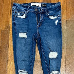 GARAGE high waisted destroyed denim skinny jeans, raw hem, size 4